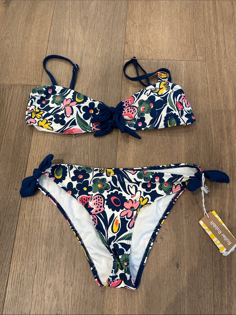 Roller Rabbit Navy Floral Tie Bikini - Pink, Yellow, Green, White